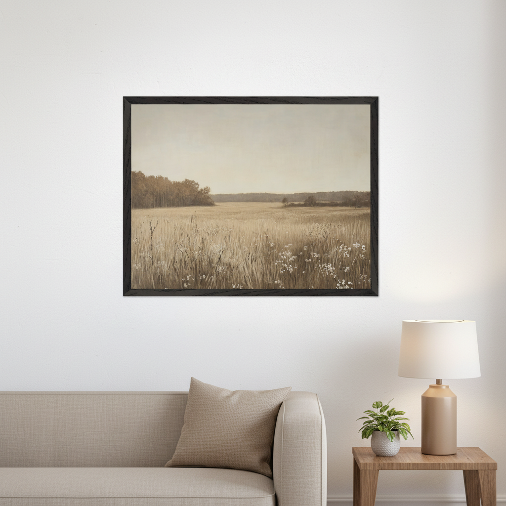 Sepia-toned landscape painting of a field with tall grass, white flowers, and distant trees, framed in black, hangs above a beige sofa in a living room. An end table with a lamp and plant sits to the right.