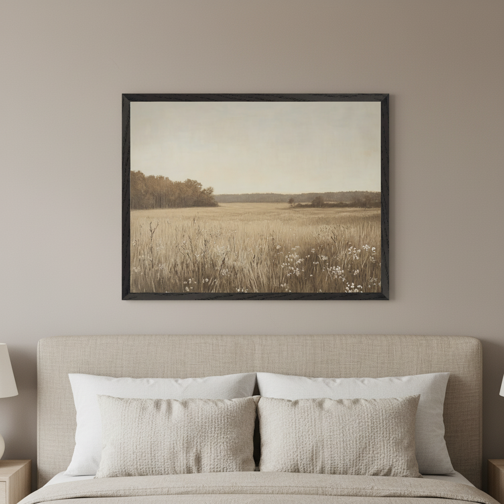 Bedroom with a beige upholstered bed. A large framed landscape painting depicting a field of tall grass, small white flowers, and trees under a light sky hangs above the bed. The painting is in muted, sepia-like tones.