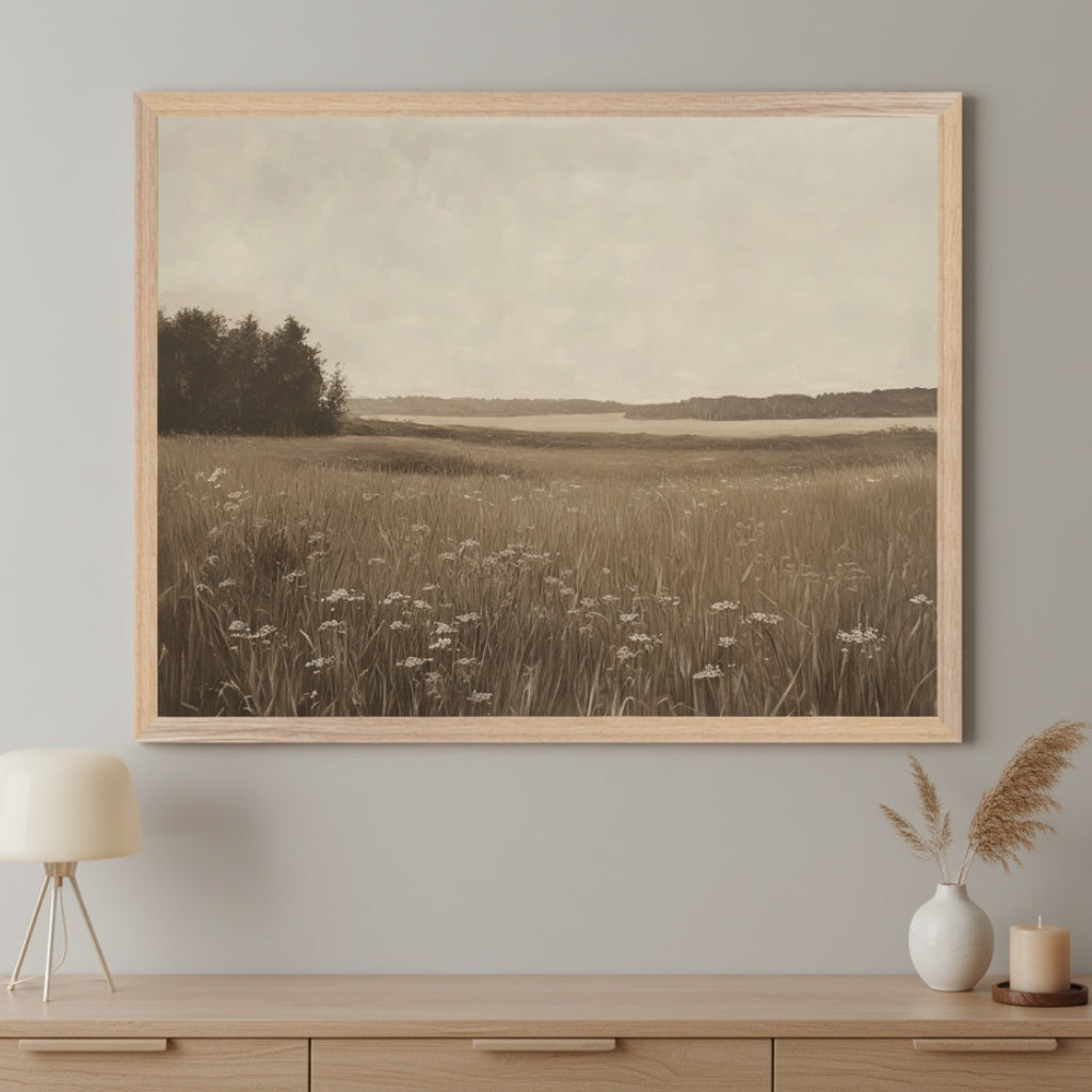 Modern living room with a light wood console table. A large framed sepia-toned landscape painting of a field with wildflowers, distant trees, and water hangs centered above the table.