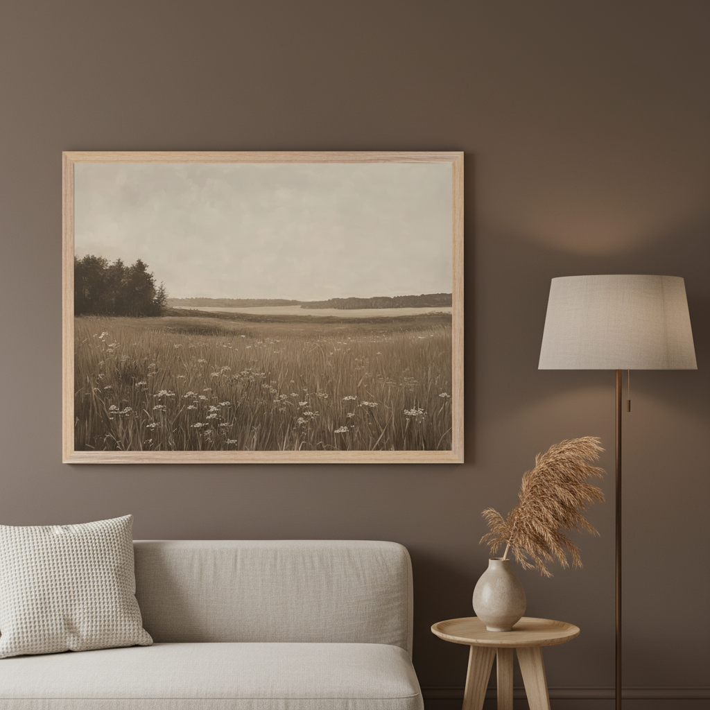 Living room with a light beige sofa. A large framed sepia-toned landscape hangs above the sofa, depicting a field of tall grass and wildflowers with trees and a body of water in the background.