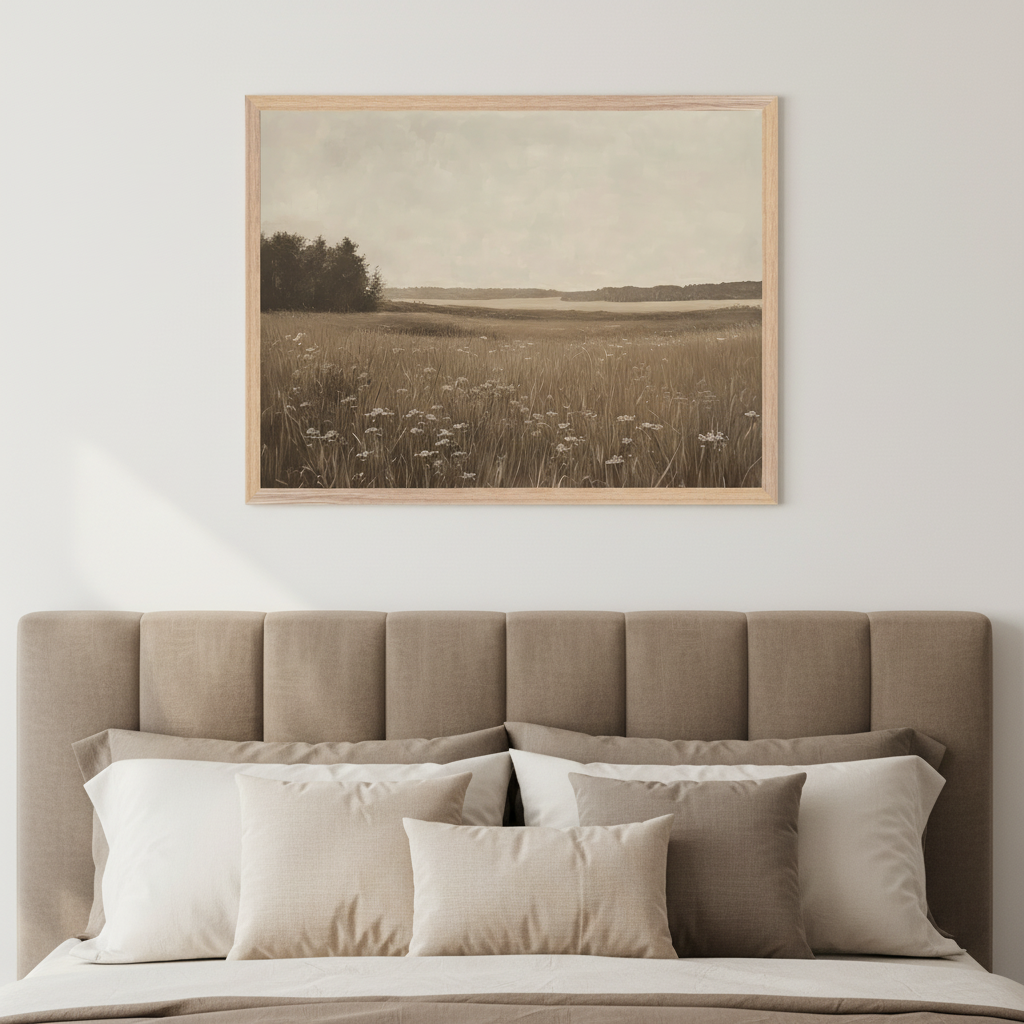 Modern bedroom with a beige upholstered bed and pillows. A large framed sepia landscape painting of a field, trees, and water under a cloudy sky hangs centered above the headboard.