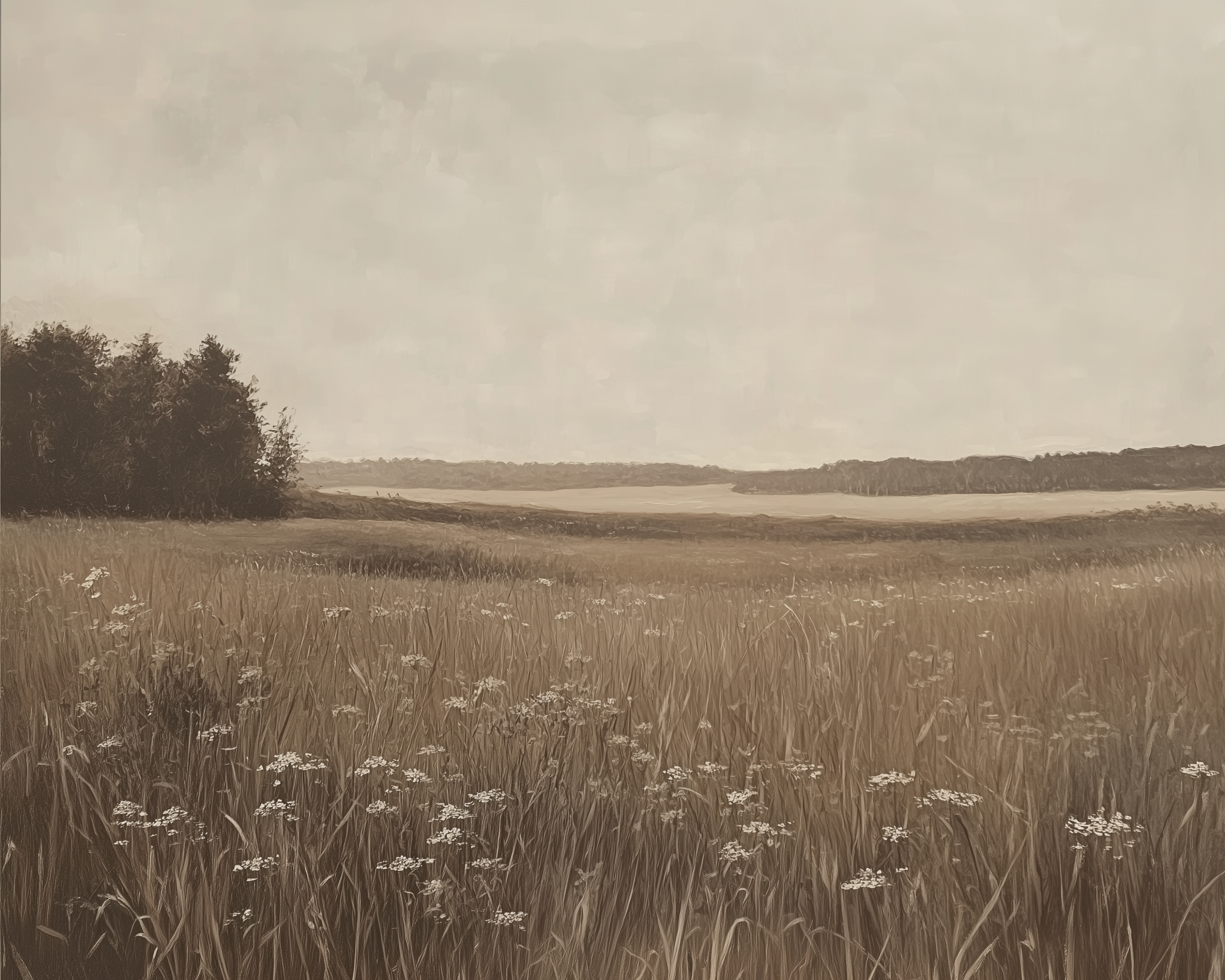 Wide sepia landscape showing a sprawling meadow with delicate wildflowers and distant tree lines under a soft, cloudy sky. Evokes calm and simplicity.
