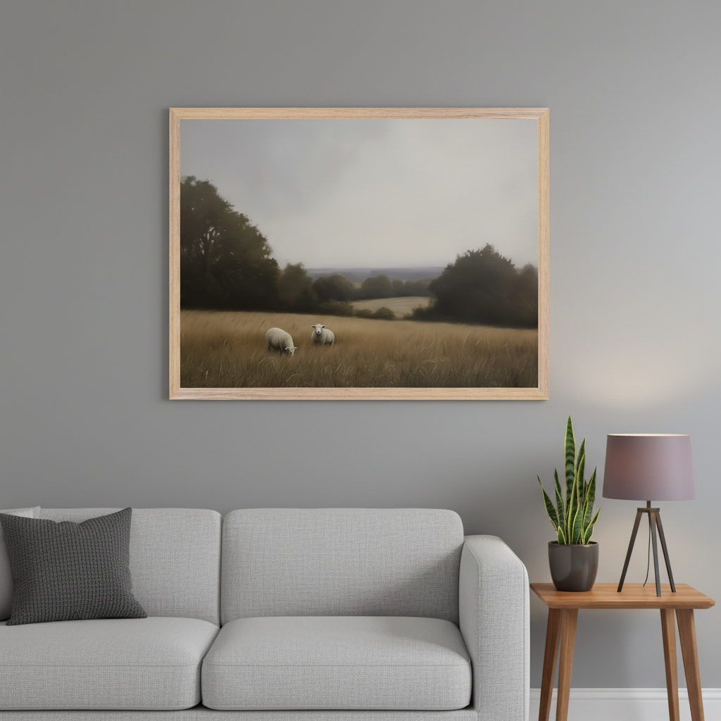 Modern living room with a light gray sofa. A large framed landscape painting featuring two white sheep in a golden field under a hazy sky hangs above the sofa. A wooden side table with a lamp and plant sits to the right.