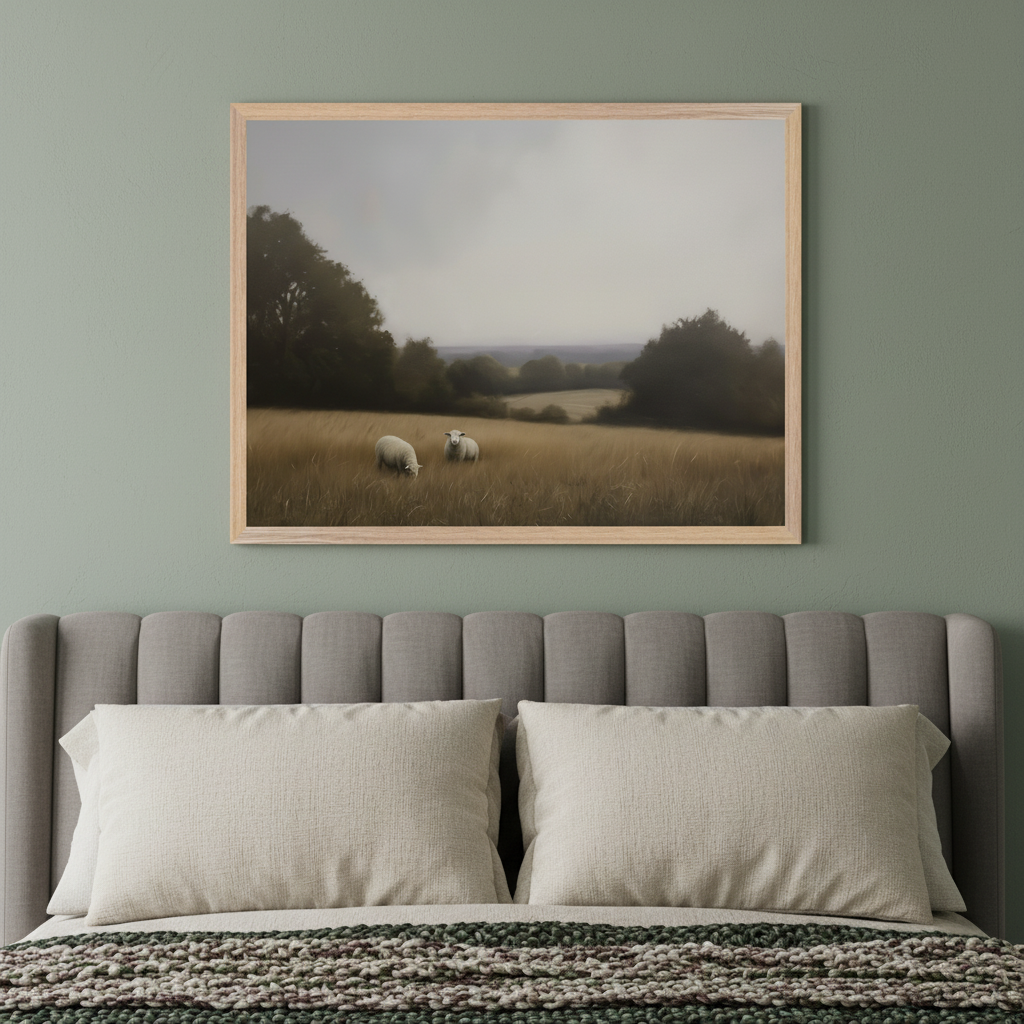 Modern bedroom with a gray upholstered headboard and bed. A framed landscape painting hangs centered above the bed, depicting two white sheep grazing in a golden field under a cloudy sky.