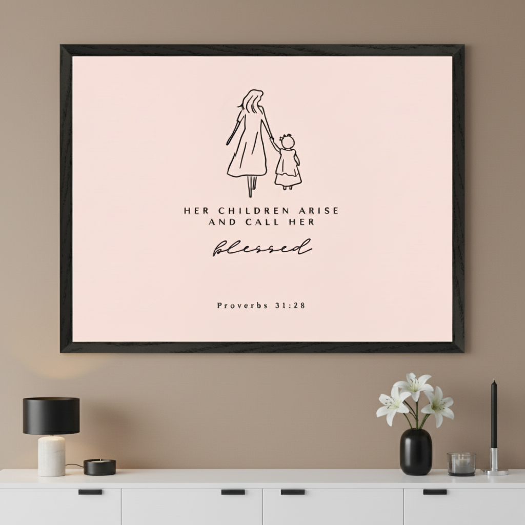 Modern living room with a white sideboard. A large black-framed print hangs centered above the sideboard. The artwork features a minimalist line drawing of a mother and child, with the quote "HER CHILDREN ARISE AND CALL HER blessed Proverbs 31:28" on a light pink background.