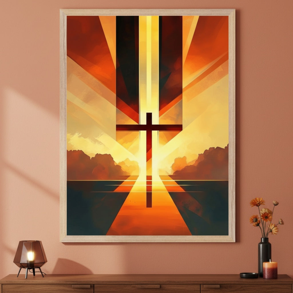 Contemporary room with a peach-brown wall and dark wood console table. A large, light wood framed abstract painting of a cross with radiating orange and yellow light over a dark landscape hangs centered above the table.