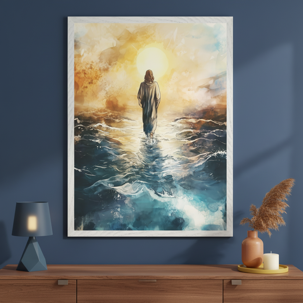 Modern living room with a dark blue wall. A large framed watercolor painting of Jesus walking on water towards a glowing sun hangs centered above a wooden dresser. A blue geometric lamp and pampas grass in a vase sit on the dresser.