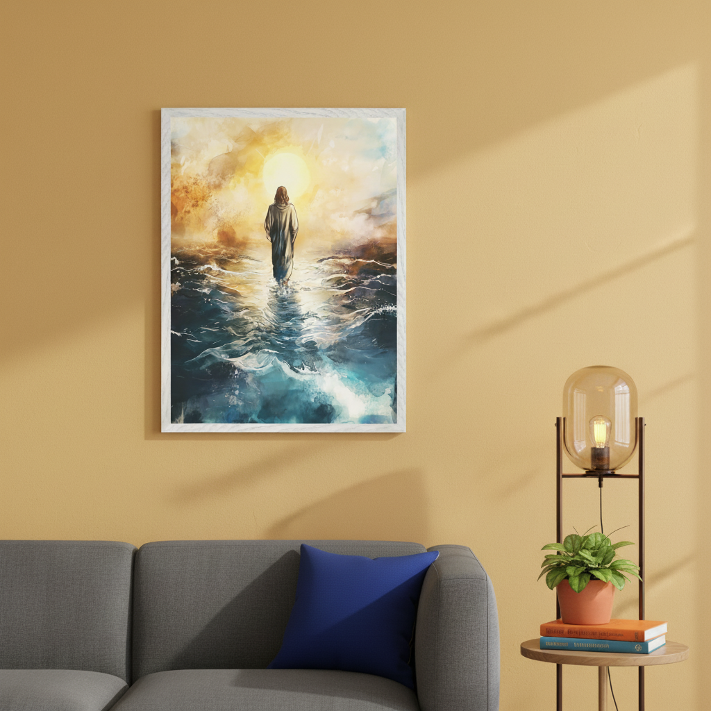 Modern living room with a grey sofa and a small side table. A framed painting depicting Jesus walking on choppy blue water towards a bright sun hangs centered above the sofa.