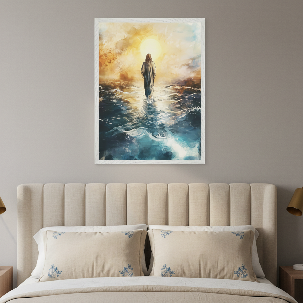 Modern bedroom with a beige upholstered bed and two pillows. A large framed painting of Jesus walking on water under a bright sun, in a painterly style, hangs centered above the bed.