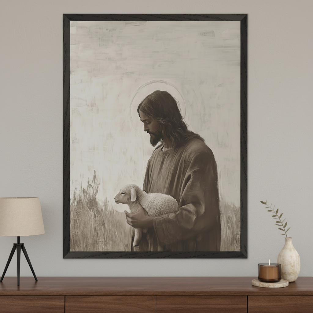 Contemporary living room with a dark wooden dresser. A large framed print of Jesus holding a lamb, in a sepia-toned painterly style, hangs centered above the dresser.