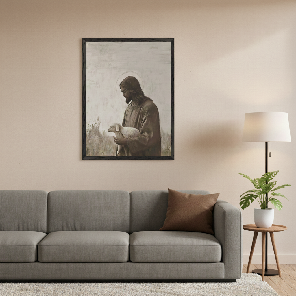 Modern living room with a gray sofa, floor lamp, and side table. A framed painting of Jesus with a halo holding a lamb hangs centered above the sofa in a muted, traditional style.