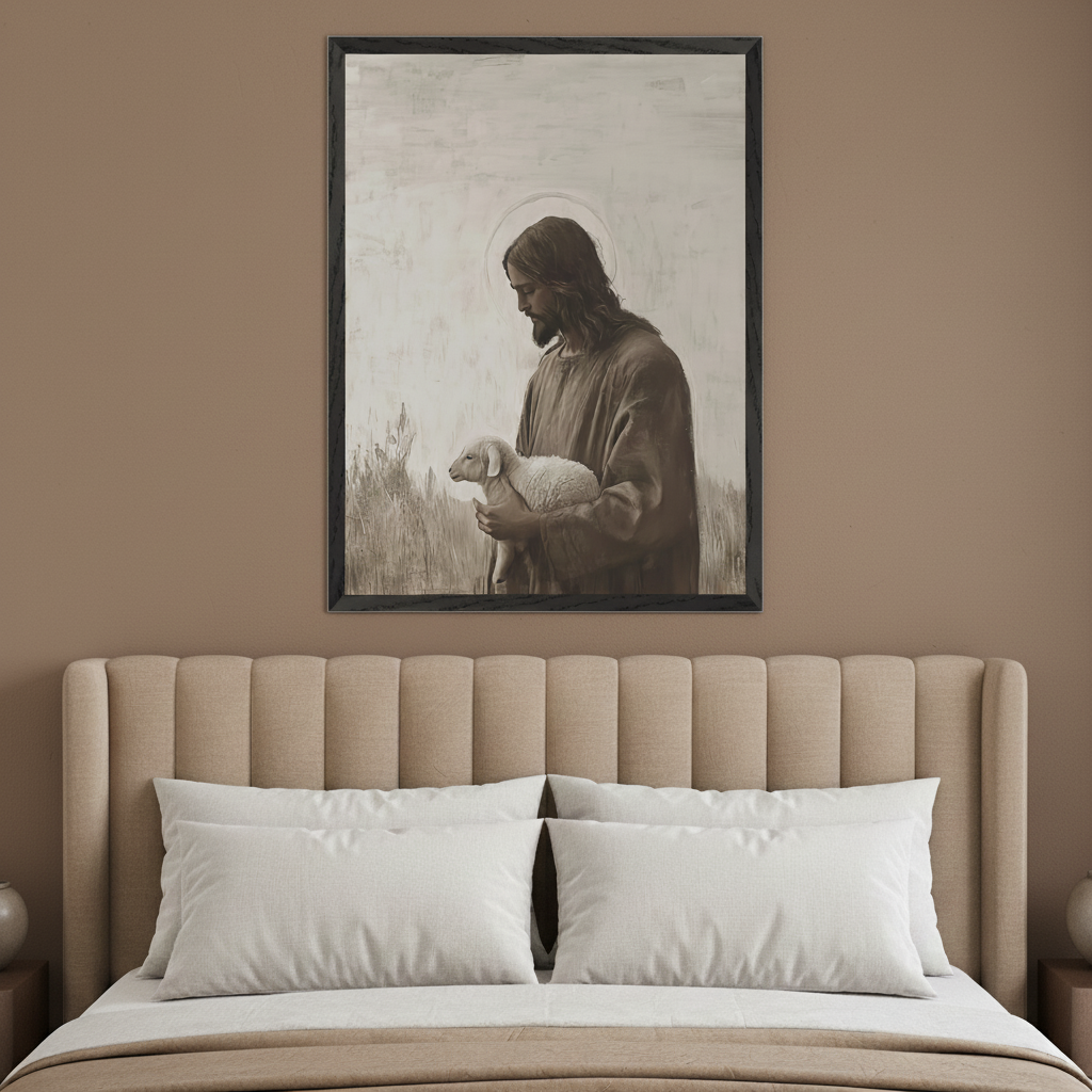 Modern bedroom with a beige vertically fluted upholstered headboard and bed. A large black-framed sepia-toned print of Jesus holding a lamb, with a halo, hangs centered above the bed.
