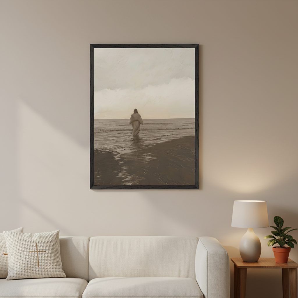 Modern living room with a white sofa and a wooden side table. A framed sepia-toned artwork depicting a robed figure walking into the ocean hangs on the beige wall above the sofa.