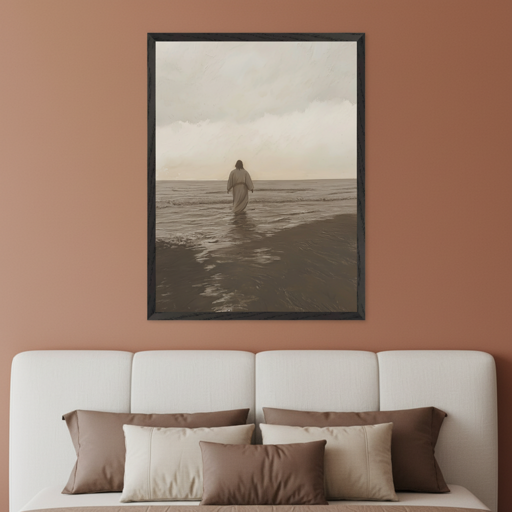 Modern bedroom with a white upholstered bed. A large framed sepia-toned painting of a robed figure walking into the ocean under a cloudy sky hangs centrally above the bed.