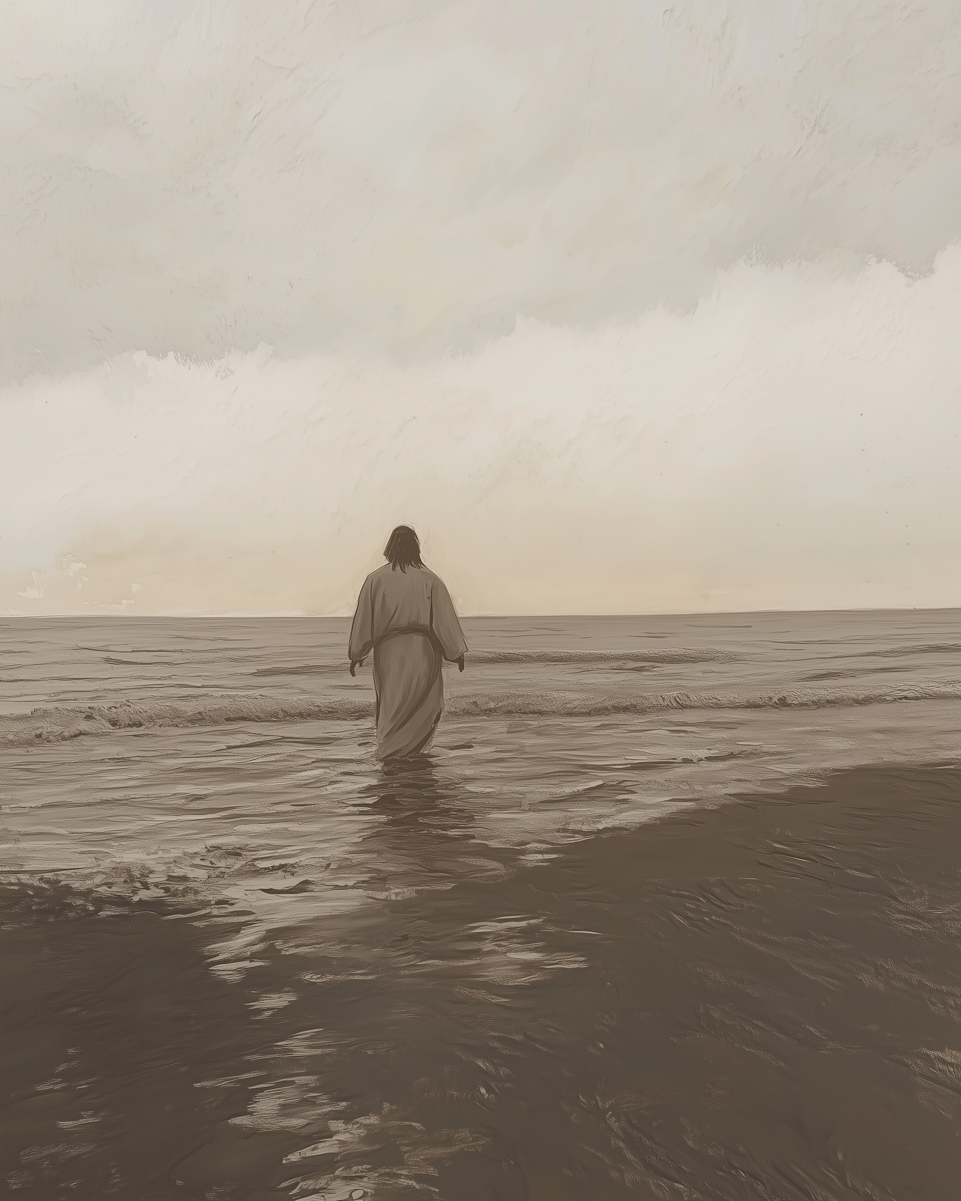 Monochromatic painting of Jesus walking alone into the ocean, his back turned toward the viewer. The sky is cloudy and soft, reflecting a moment of solitude or reflection.
