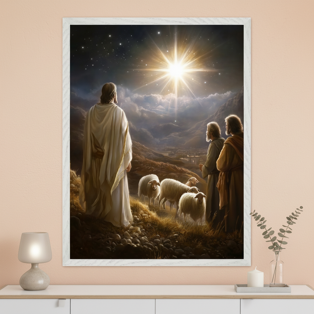 Modern room with a white console table. A large framed painting above it depicts a robed figure gazing at a brilliant star in a night sky over mountains and a distant town, with three other men and sheep.