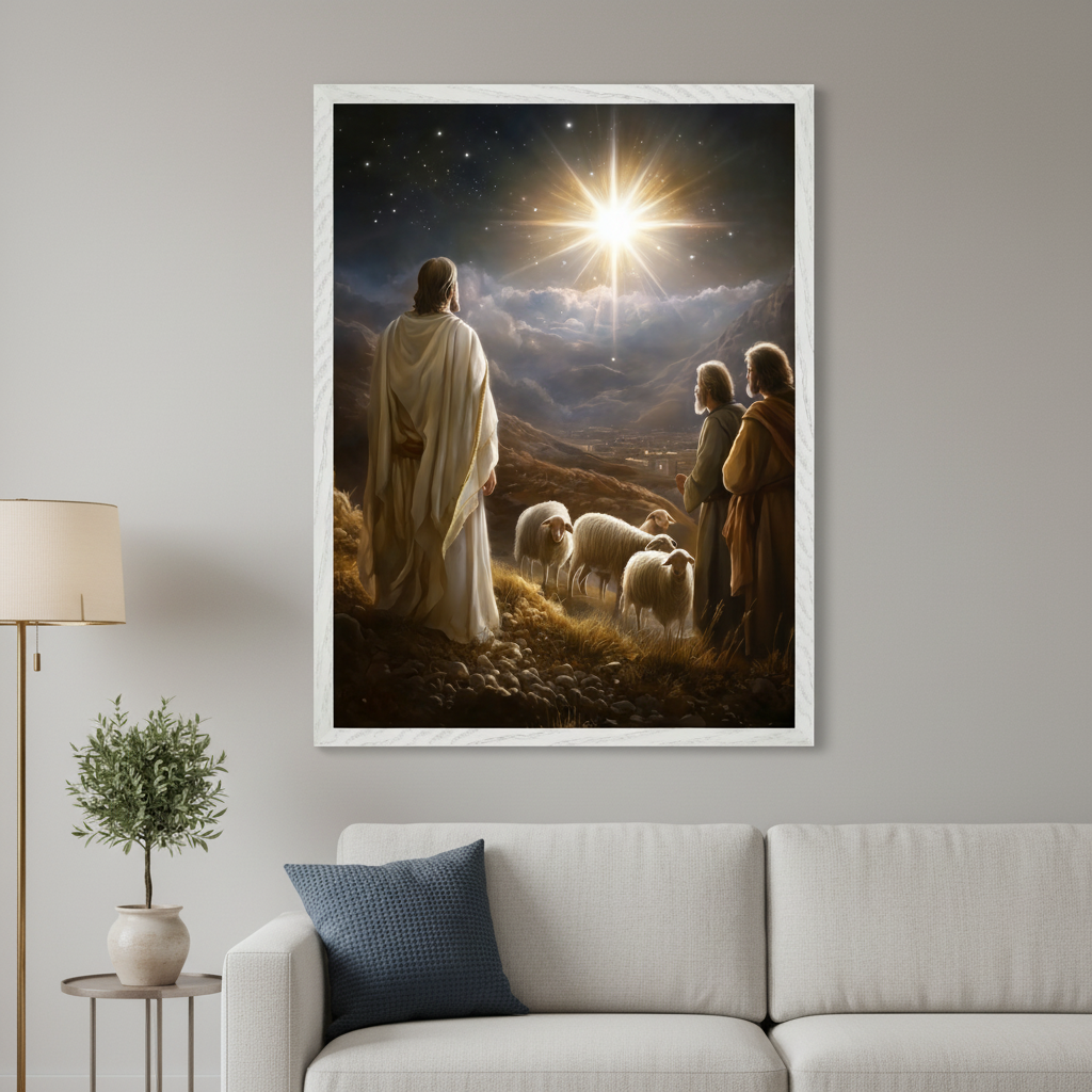 Modern living room with a light gray sectional sofa. A large framed artwork hangs above the sofa, depicting Jesus with sheep and other men looking at a bright star in a night sky over a mountainous landscape.