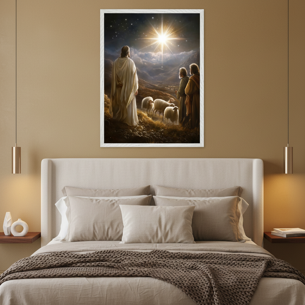 Modern bedroom with a beige upholstered bed and bedding. A large framed painting of a figure resembling Jesus, two men, and sheep looking at a bright star in a night sky hangs centered above the bed.