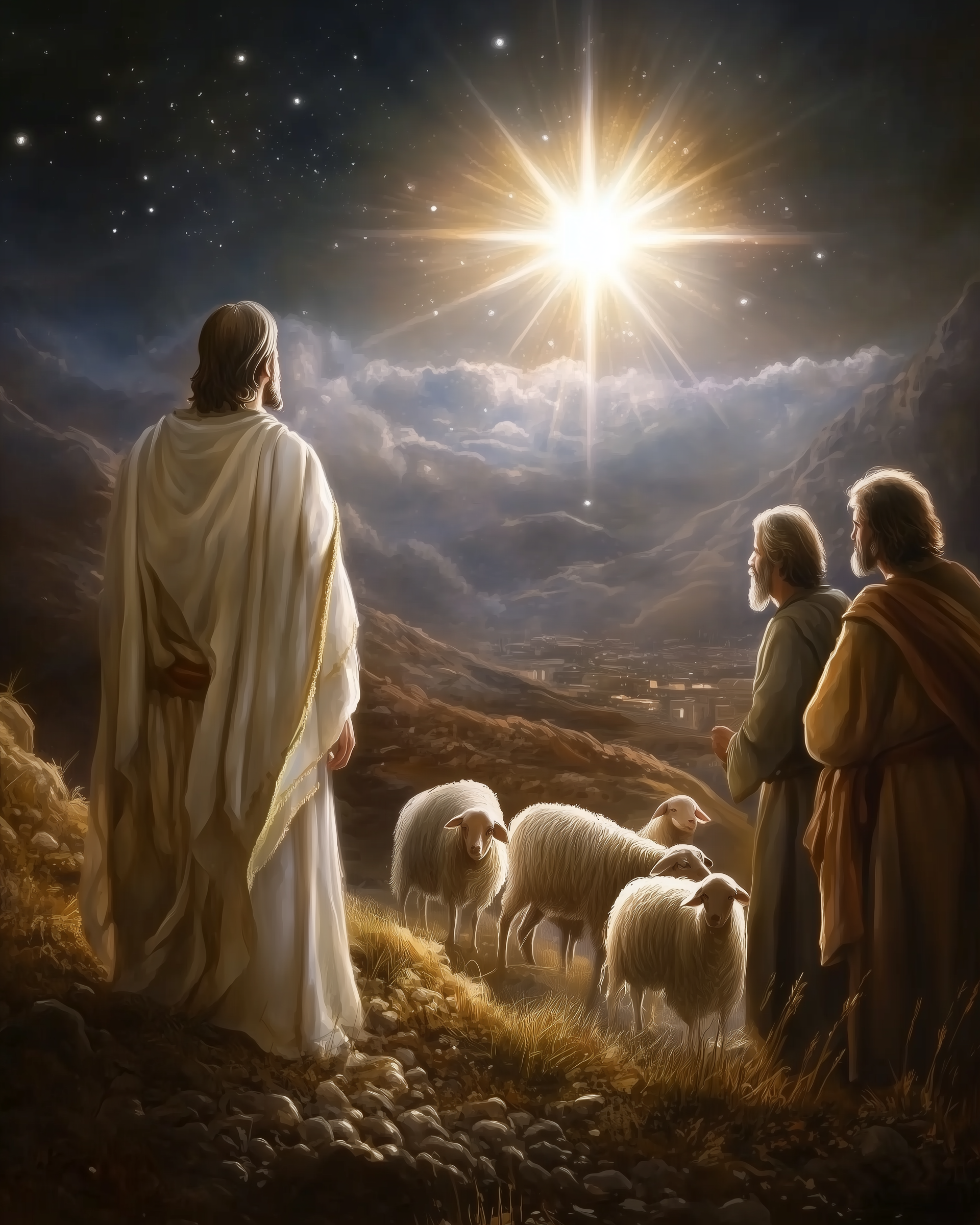 Illustration of three shepherds and a flock of sheep gazing at a radiant star shining over a valley at night. The scene is bathed in golden light with a dramatic sky and mountainous backdrop, evoking awe and reverence.
