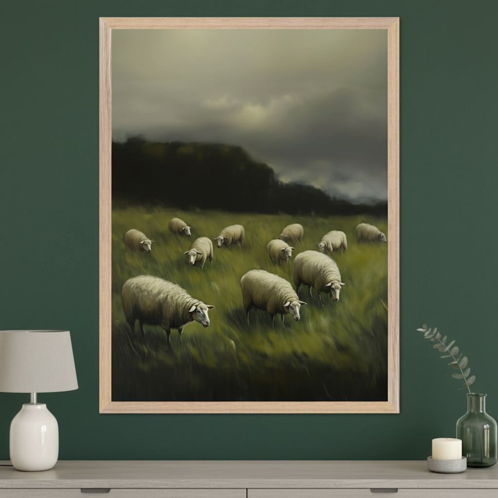 Modern room with a dark green wall above a light gray cabinet. A large, light-framed painting of sheep grazing in a green field under a stormy sky hangs centrally above the cabinet. A lamp, vase, and candle are on the cabinet.
