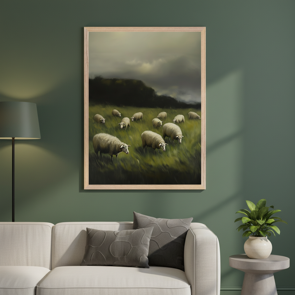 Modern living room with a white sofa and two grey pillows. A light wood-framed painting of sheep grazing in a green field under a dark, cloudy sky hangs above the sofa, to the right of a floor lamp. A plant sits on a side table.