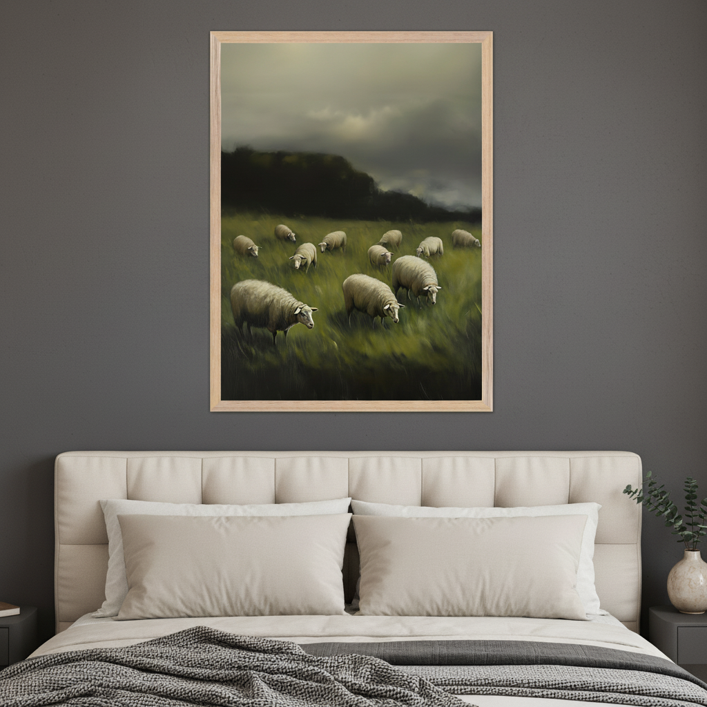 Modern bedroom with a cream tufted bed. Above it, a large framed realistic painting depicts sheep grazing in a windswept green field under a dark, cloudy sky. The frame is light wood.