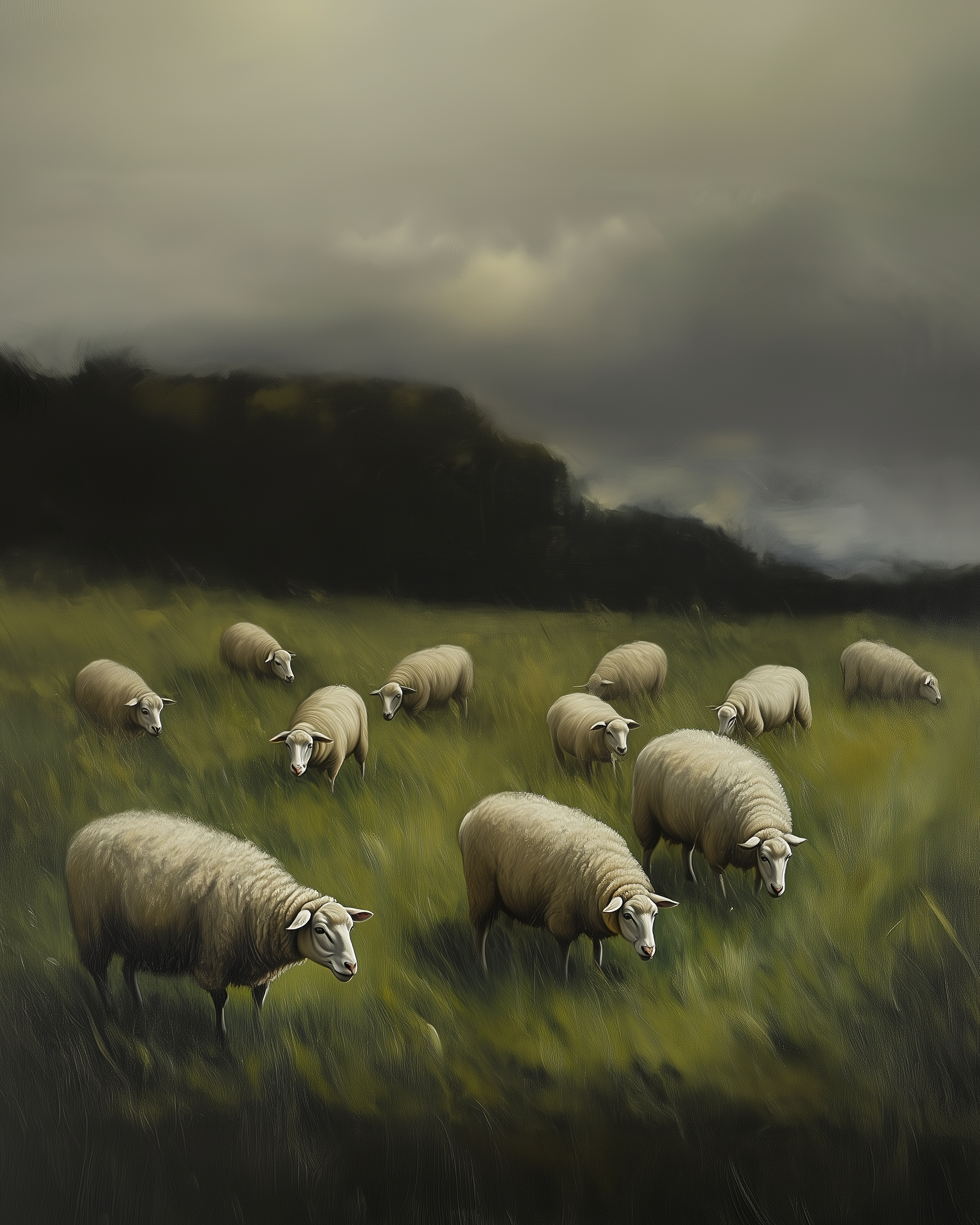 A group of sheep graze peacefully in a lush green field under a cloudy, moody sky. The soft lighting and dark forest edge create a tranquil and slightly somber atmosphere.
