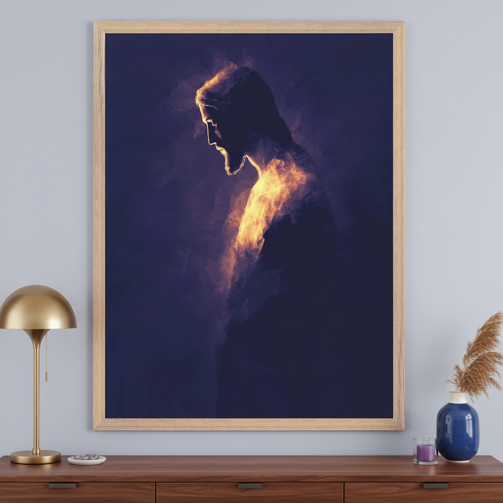 Modern room with a dark wooden dresser. A large, light wood framed print of a dark silhouette of a bearded man with long hair, outlined by fiery orange light against a textured dark purple background, hangs centered above the dresser.