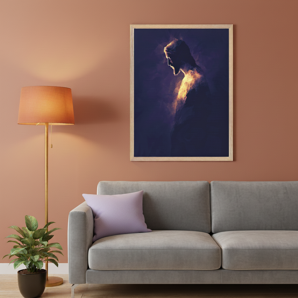 Modern living room with a grey sofa, floor lamp, and plant. A framed print of a male silhouette with a glowing chest against a dark background hangs on a terracotta wall above the sofa.