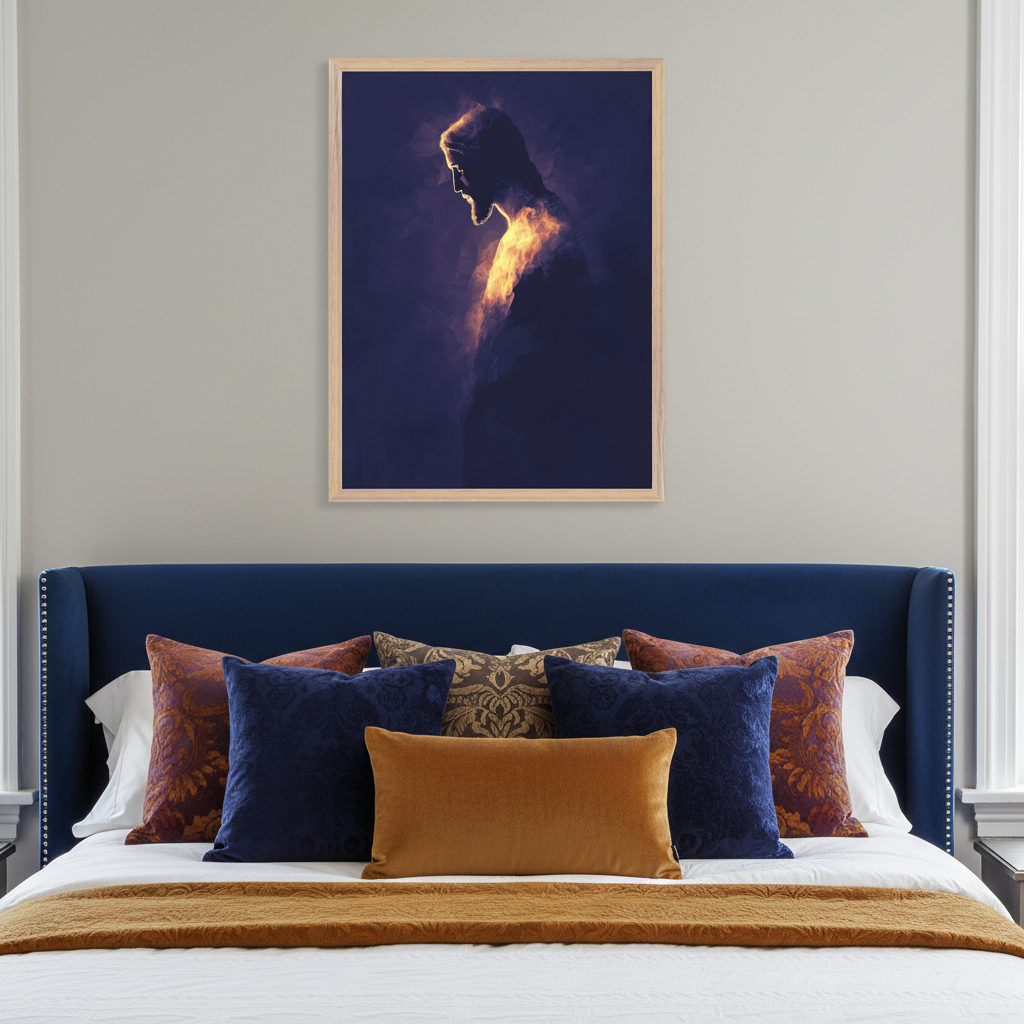 Modern bedroom with a blue velvet bed. A light wood-framed portrait hangs above the bed, depicting a profile silhouette of a bearded man with a golden glow against a dark, smoky background.