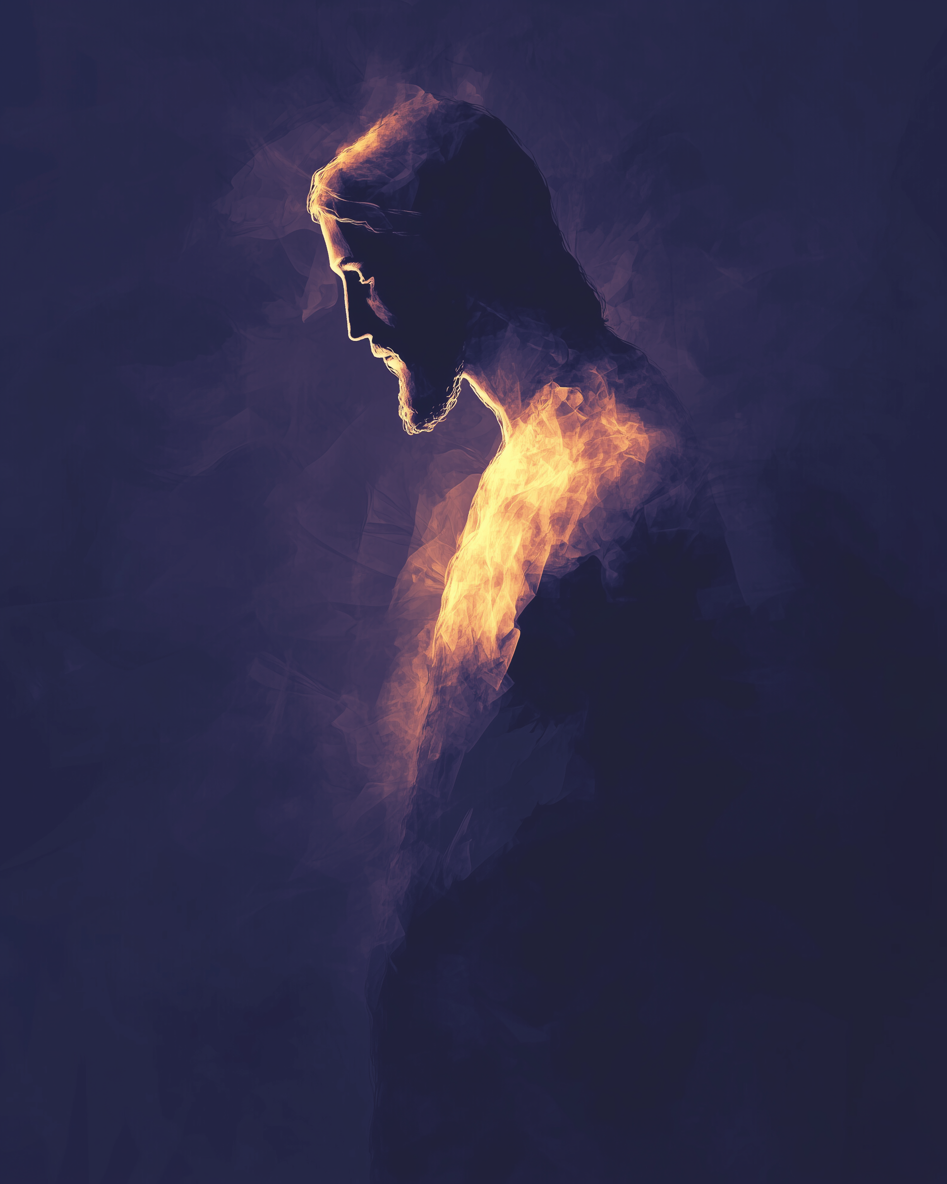 Abstract digital painting of Jesus in profile, glowing with golden-orange flames against a dark purple background. The blend of light and shadow adds a dramatic, spiritual intensity.
