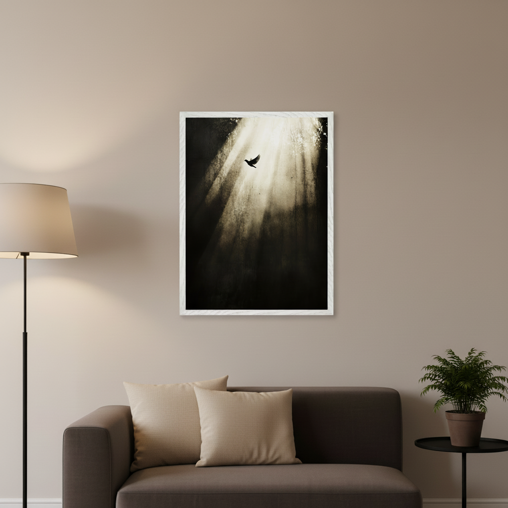 Living room with a dark sofa, two beige cushions, and a floor lamp on the left. A framed monochrome print of a bird flying through strong light rays in a dark forest hangs above the sofa, to the right of the lamp.