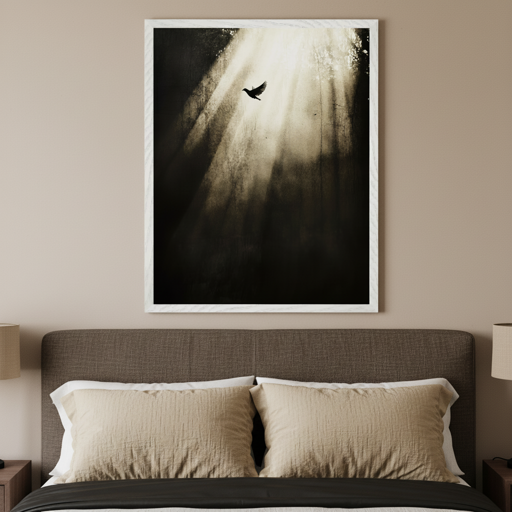 Bedroom with a bed featuring a gray upholstered headboard, beige pillows, and dark duvet. A framed artwork centered above the bed shows a dark bird flying upwards through strong light beams in a dark forest scene.