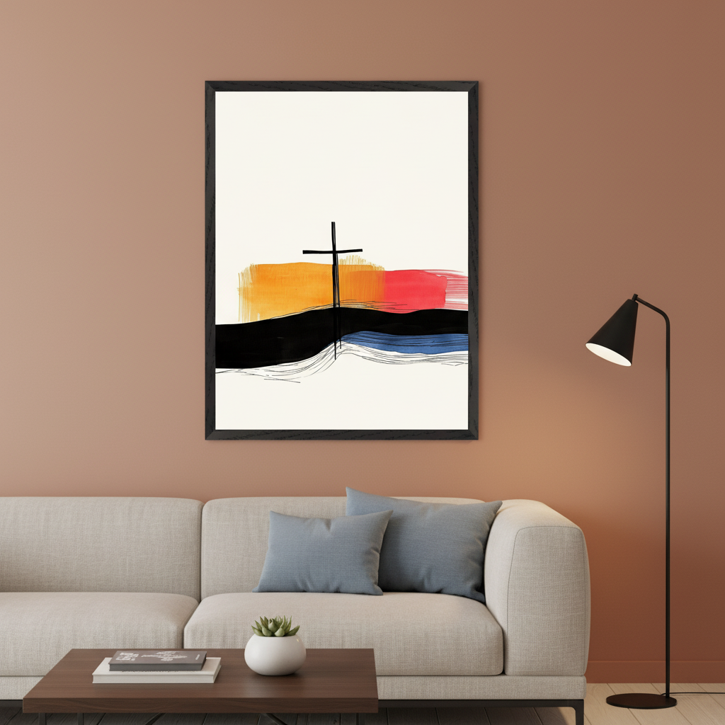 Modern living room with a beige sofa and dark coffee table. A framed abstract painting featuring a black cross, orange and red blocks, and black and blue brushstrokes hangs above the sofa. A black floor lamp stands on the right.