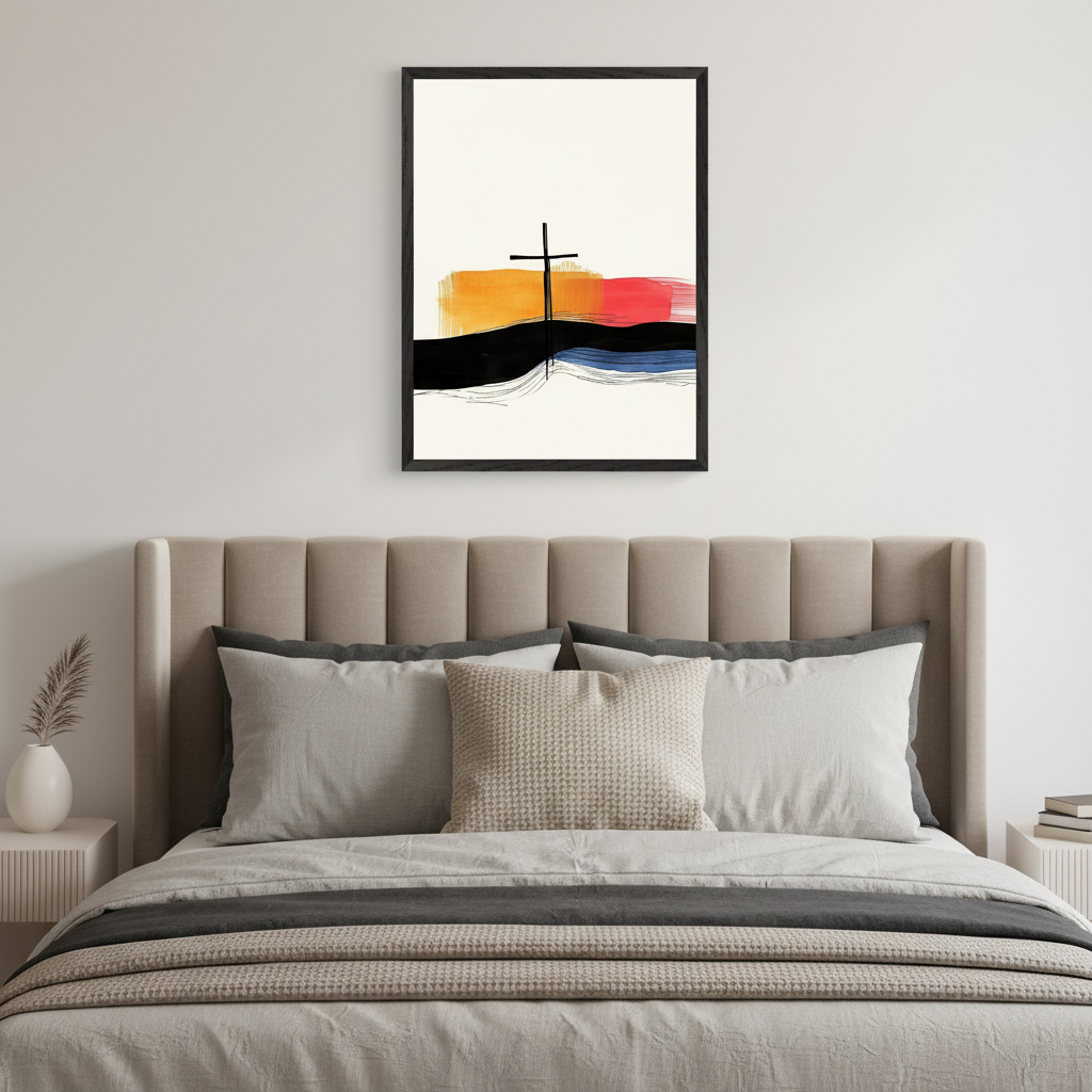 Modern bedroom with a beige upholstered bed. A framed abstract painting featuring a black cross over horizontal brushstrokes in orange, red, black, and blue on a white background hangs centered above the bed.