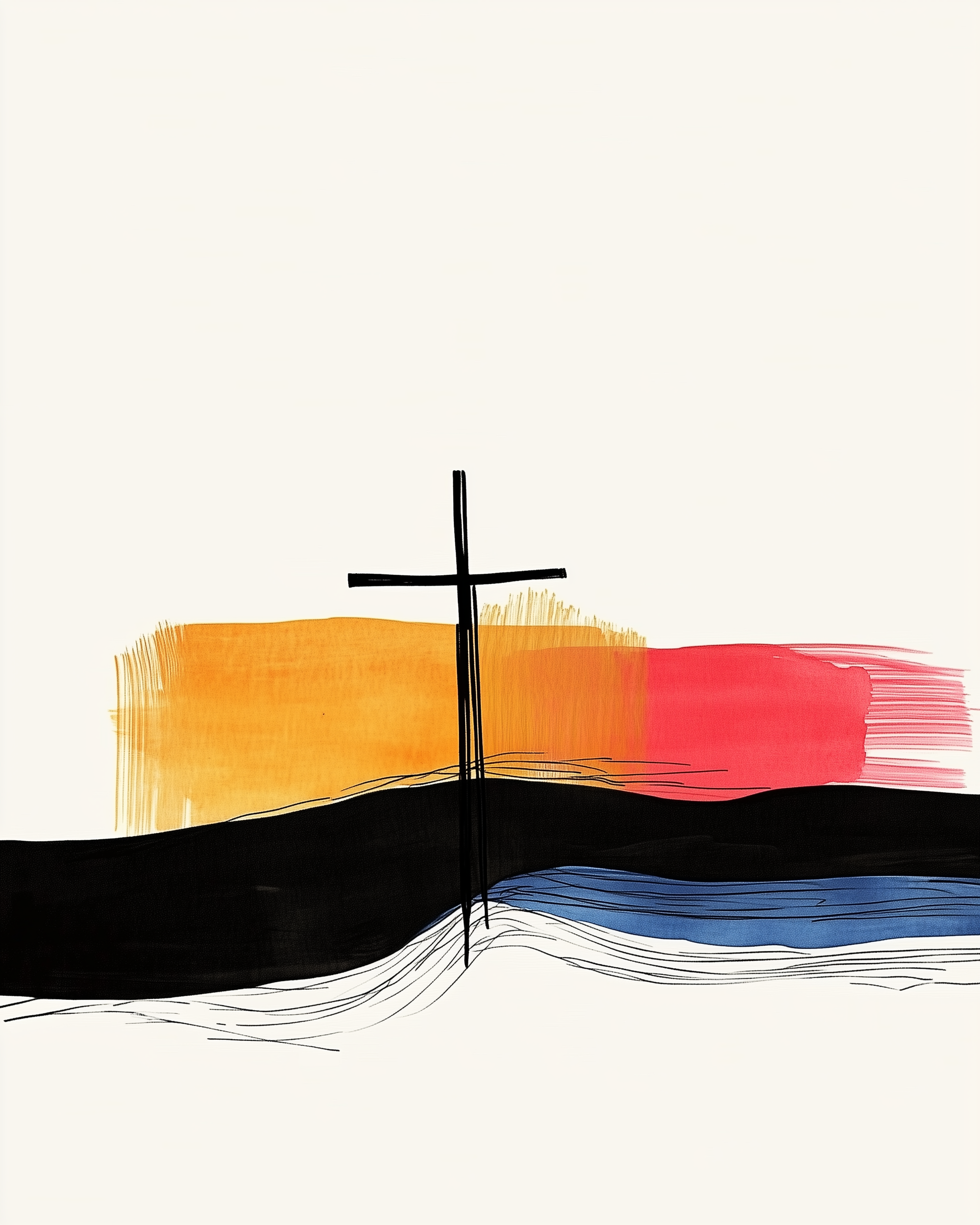 Minimalist artwork of a black cross standing on a layered background of abstract brushstrokes in orange, red, black, and blue. The modern design is symbolic and expressive.
