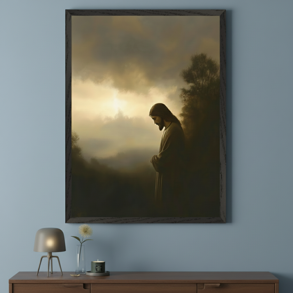 Modern living room with a wooden dresser. A large framed painting of Jesus praying in a dark, misty landscape with a golden sunset sky hangs centered above the dresser.