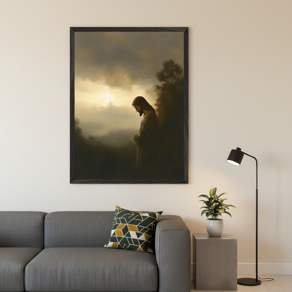 Modern living room with a gray sectional sofa. A large dark-framed print of Jesus praying in a misty, dark landscape with a bright light source hangs centrally above the sofa. A black floor lamp and a potted plant are to the right of the sofa.