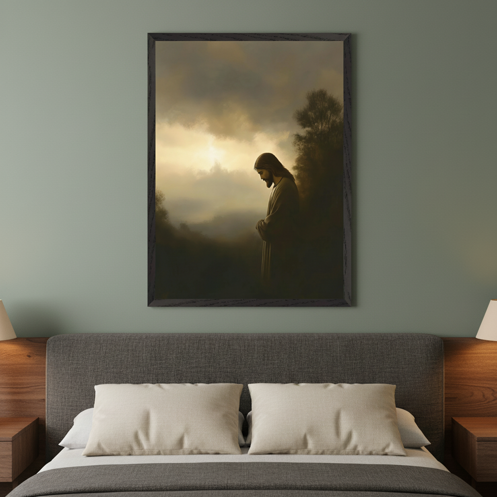 Modern bedroom with a gray upholstered bed and two wooden nightstands. A large framed painting of Jesus, looking down in a dark, misty landscape with a bright sky, hangs centered above the bed.