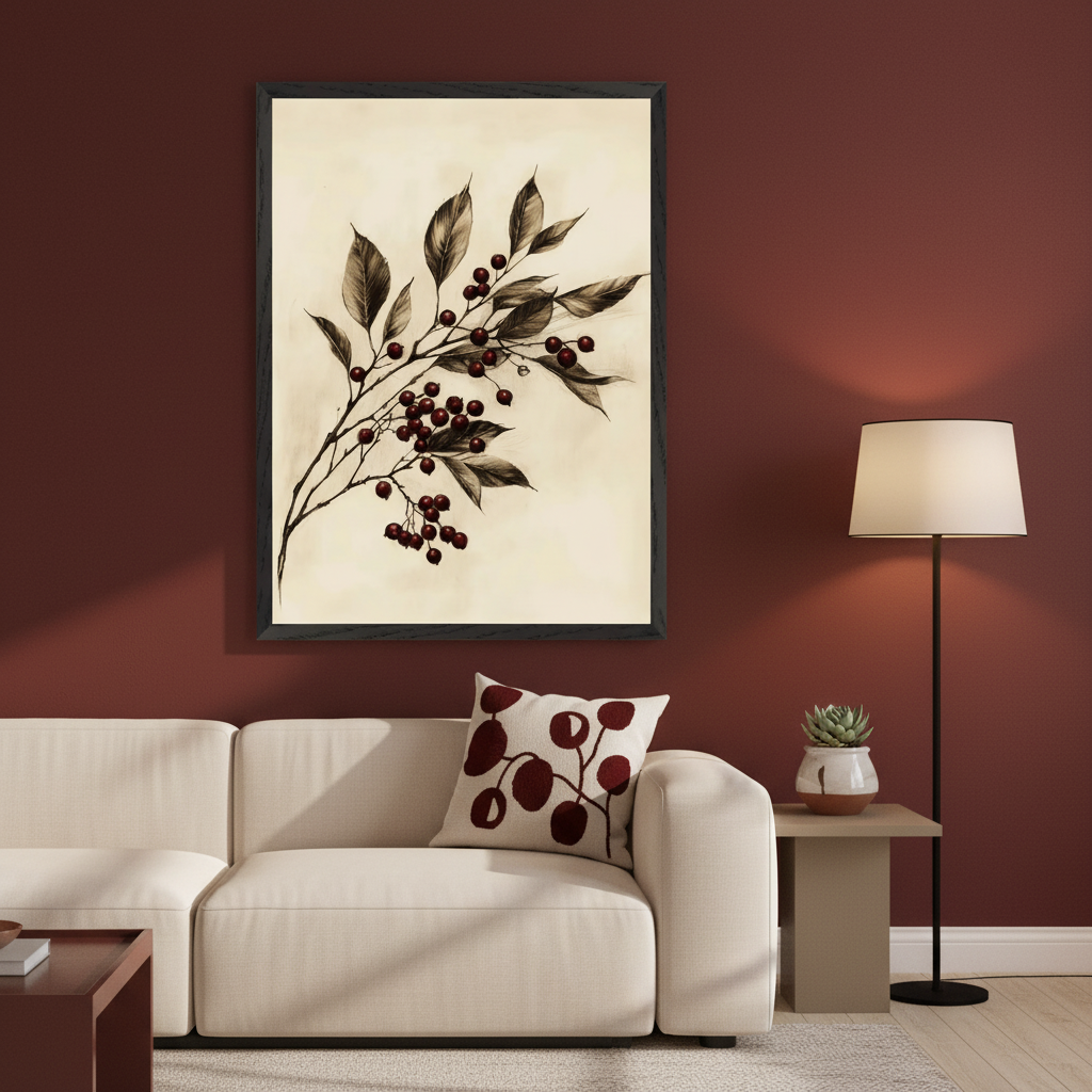 Living room with a beige sectional sofa. A large framed sepia-toned illustration of a branch with leaves and red berries hangs on a dark red wall, above the left side of the sofa. A floor lamp and a small table with a succulent are to the right.