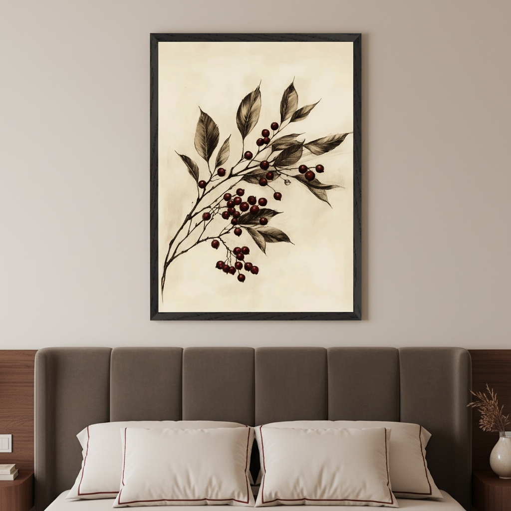Modern bedroom with a brown upholstered bed. A large framed botanical print of a branch with dark leaves and red berries in a sepia-toned style hangs above the bed.