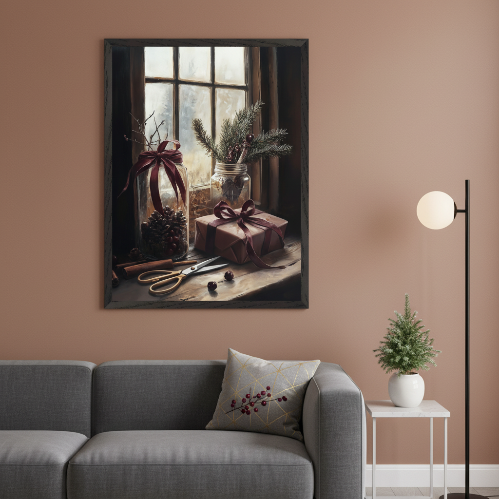 Modern living room with a gray sectional sofa. A dark-framed, painterly still life depicting Christmas decor on a windowsill hangs above the sofa. Visible elements include jars with pinecones and evergreens, a wrapped gift, and scissors. A floor lamp and a small potted Christmas tree are on the right.