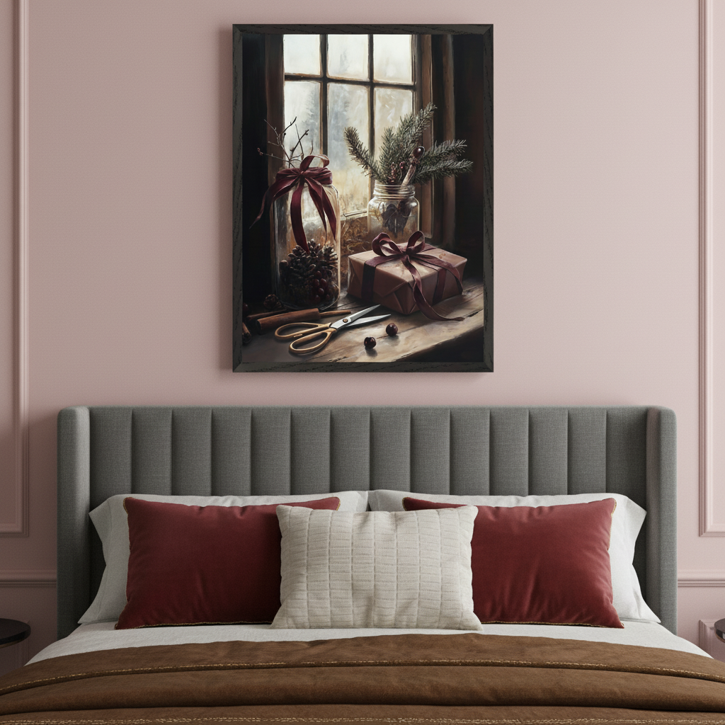 Modern bedroom with a grey upholstered bed against pale pink walls. A large framed painterly still life hangs centered above the bed, depicting a window scene with winter decor: jars with pinecones, berries, evergreen branches, a wrapped gift, and scissors on a wooden sill.