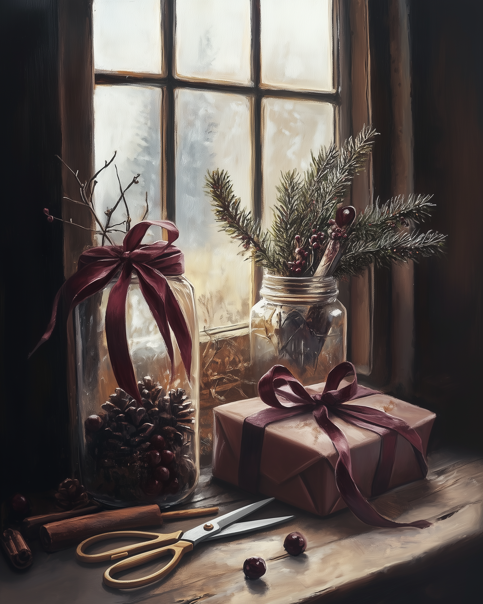 A cozy holiday scene on a wooden windowsill featuring mason jars filled with pinecones and evergreen sprigs, a gift wrapped in brown paper with a burgundy ribbon, and a pair of golden scissors. Outside the frosted window, soft winter light filters through.
