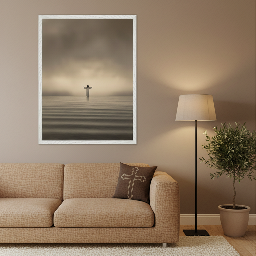 Living room with a tan sofa against a beige wall. A large framed print of a robed figure standing in calm water with outstretched arms under a cloudy sky hangs above the sofa. A dark brown pillow with an embroidered cross is on the sofa. A floor lamp and potted plant are to the right.