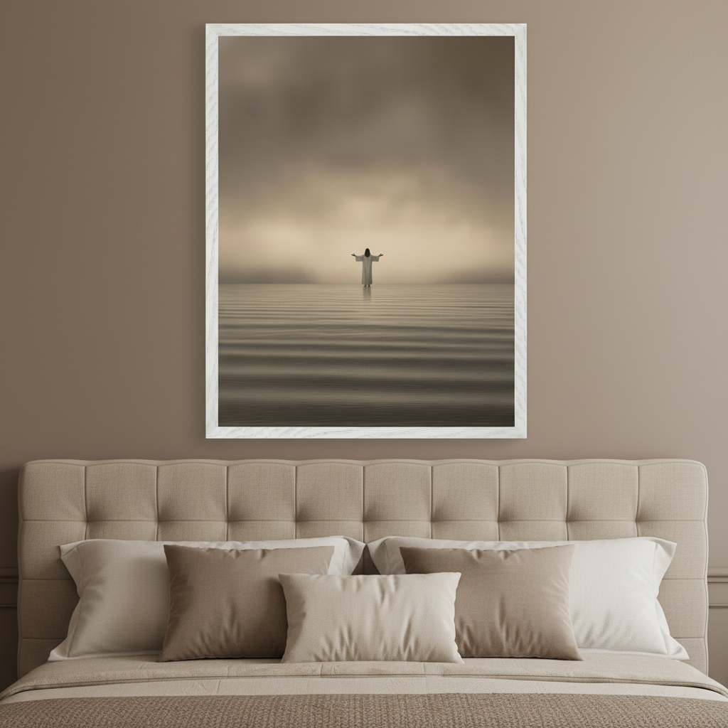 Modern bedroom with a beige tufted headboard. A large framed print of a robed figure standing in calm water with outstretched arms under a hazy sky hangs centered above the bed.