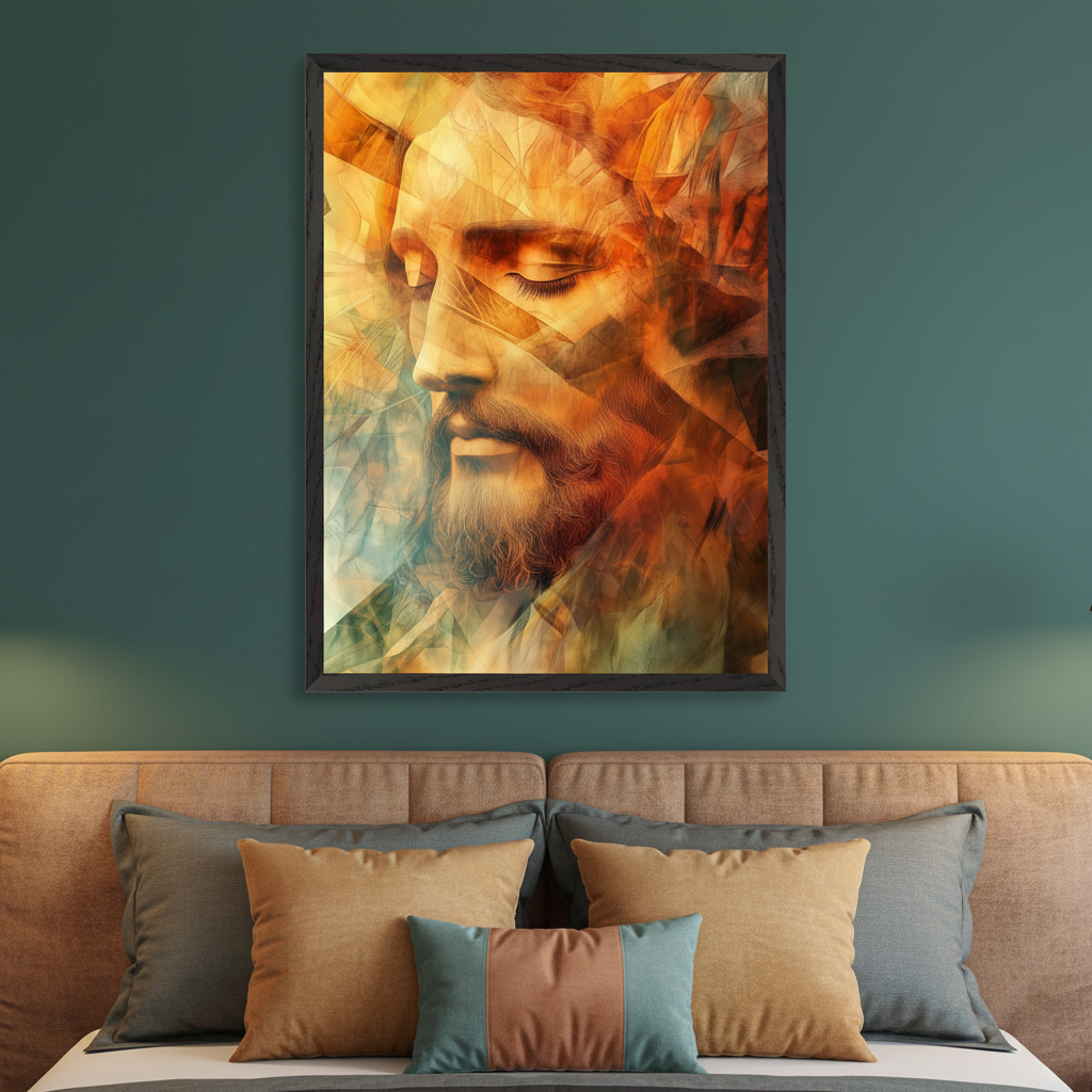 Modern bedroom with a brown upholstered bed and pillows. A large framed abstract portrait of Jesus Christ with closed eyes, in warm, geometric tones, hangs centered above the bed.
