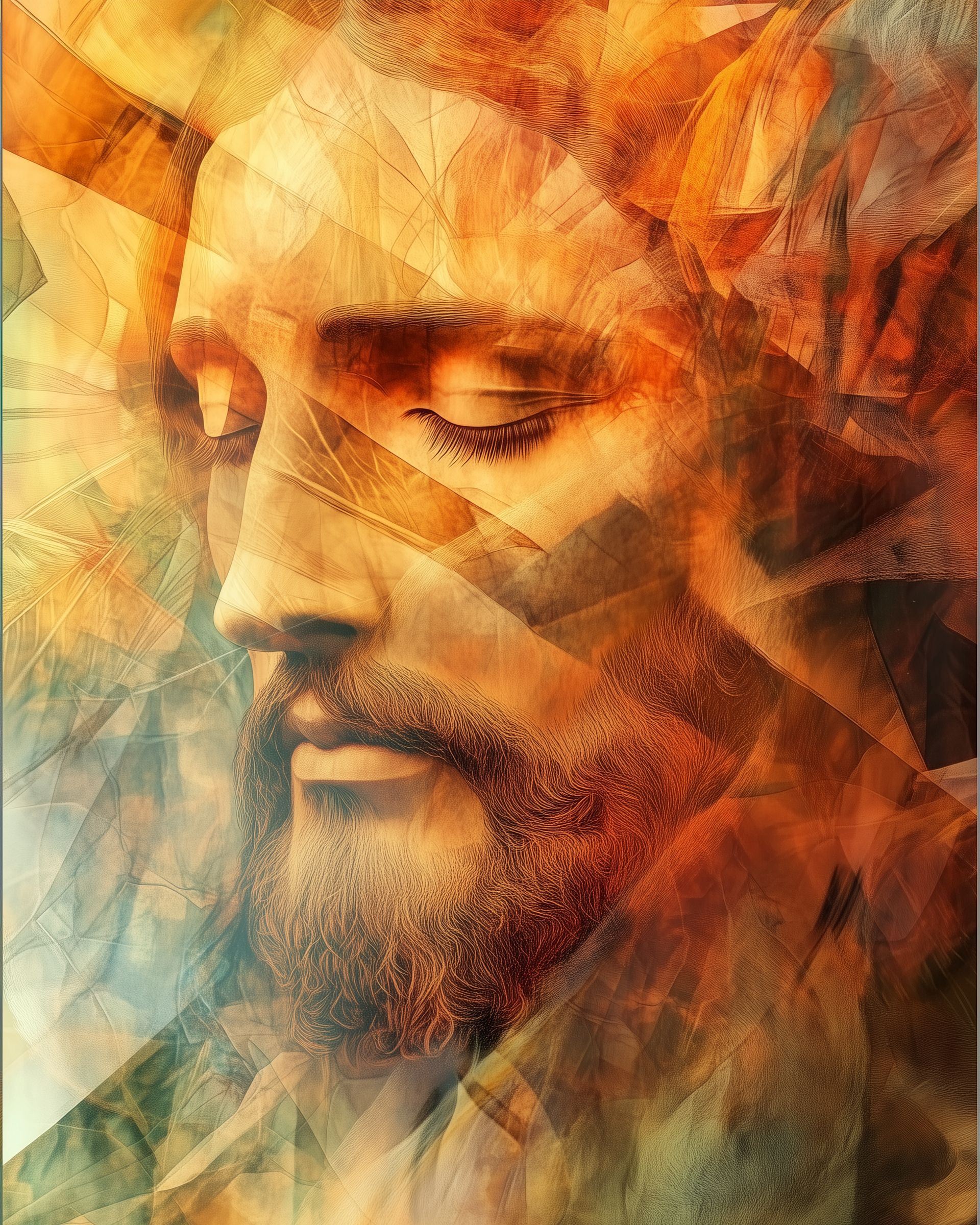 A close-up, abstract digital artwork of Jesus' face rendered in warm orange and golden tones. His eyes are closed, conveying peace and contemplation with layered textures and geometric shapes.

