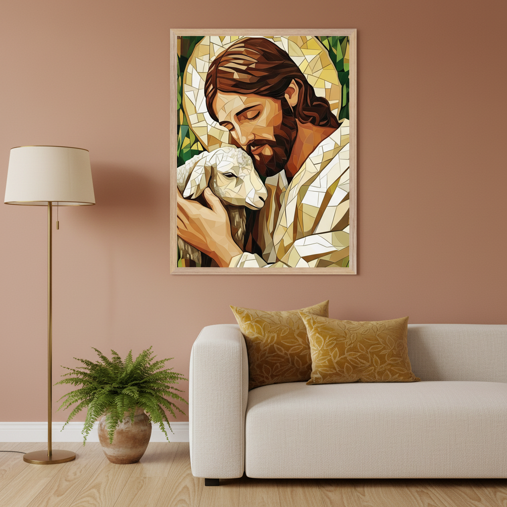 Modern living room with a white sofa and mustard pillows. A brass floor lamp and a potted fern are on the left. A framed print of Jesus Christ hugging a lamb in a stained-glass style hangs on the wall above the sofa.