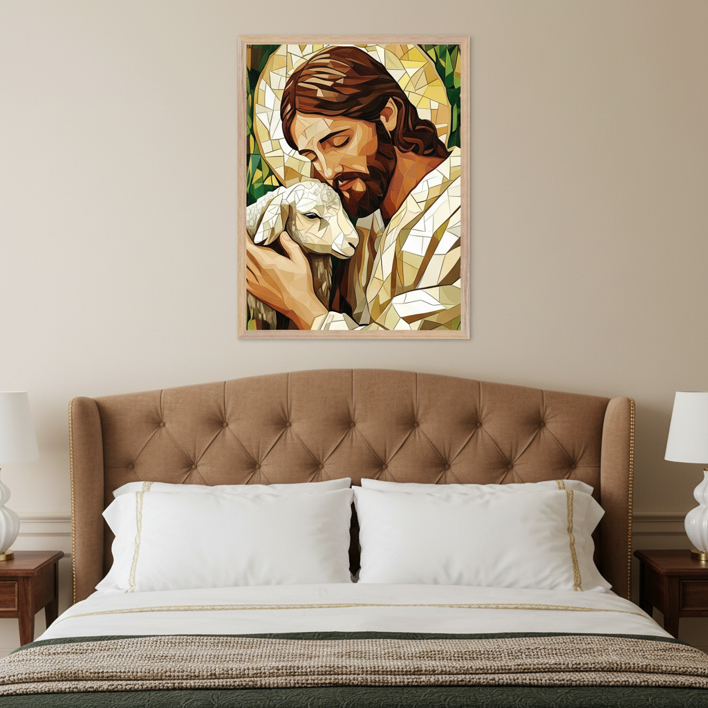 Bedroom with a brown tufted headboard bed. A framed stained-glass style artwork of Jesus hugging a lamb hangs centered above the bed.
